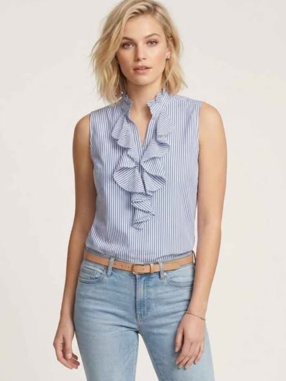 Ralph Lauren 100% cotton ruffle bleu and white stripes sleeveless shirt